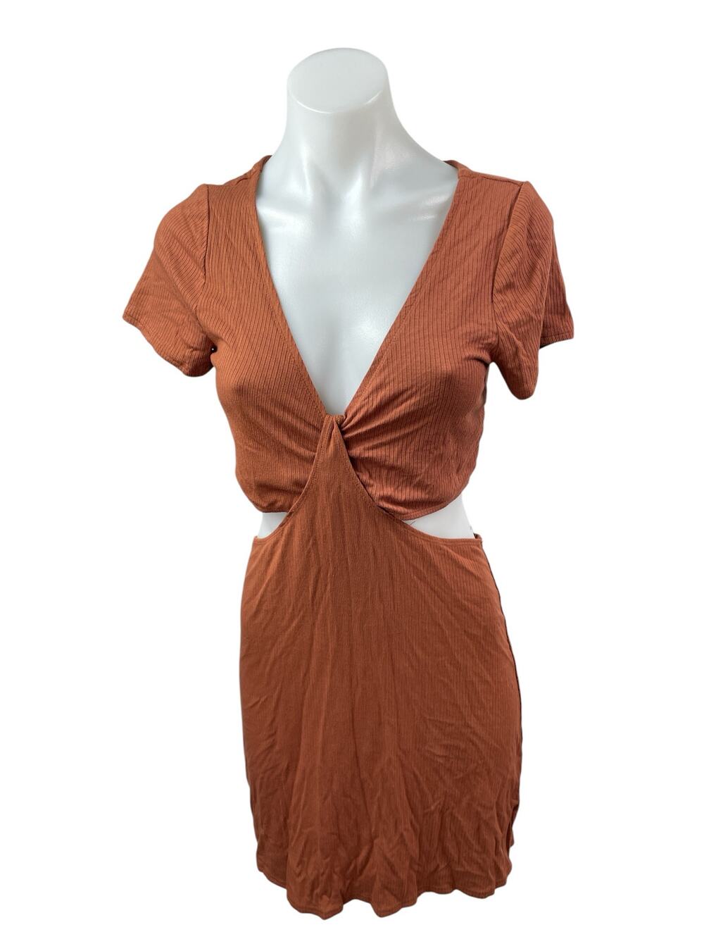 Abercrombie & Fitch Rust Brown Short Sleeve V Neck Rib Knit Cutout Mini Dress M